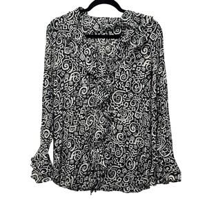 Vintage Chico’s 100% Silk Ruffle Blouse Black White Abstract Print Size M